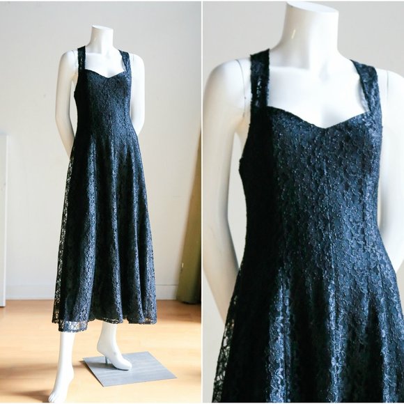 Unbranded | Vintage Dresses & Skirts - Black Lace Maxi Dress w Sweetheart Neckline